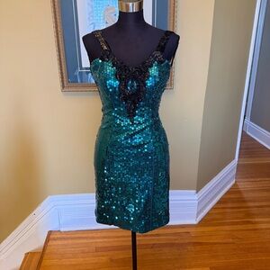 Dazzling Teal Sequin Dress with Black Accents